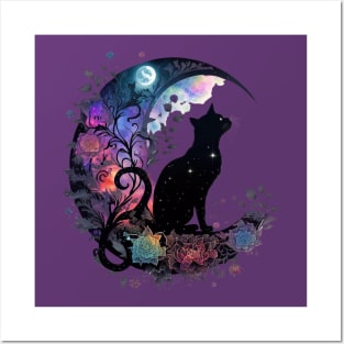 Mystical Black Cat & Moon Posters and Art